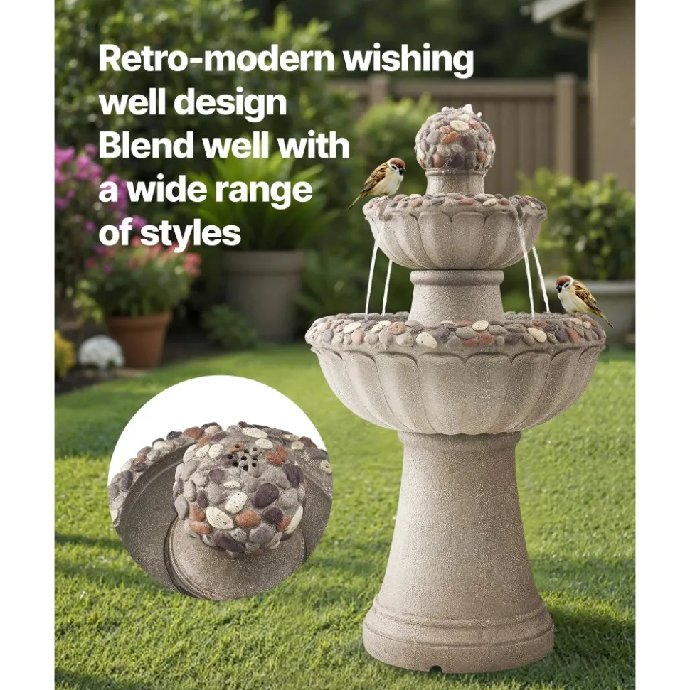 VEVOR Outdoor Water Fountain, 36.5 in Height Fountain and Waterfall, 2-Tier Floor Standing Rock Base Style Fiberglass and Resin Fountains with Pump, for Outdoor Indoor Garden, Home, Patio & Backyard