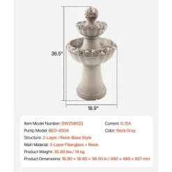 VEVOR Outdoor Water Fountain, 36.5 in Height Fountain and Waterfall, 2-Tier Floor Standing Rock Base Style Fiberglass and Resin Fountains with Pump, for Outdoor Indoor Garden, Home, Patio & Backyard