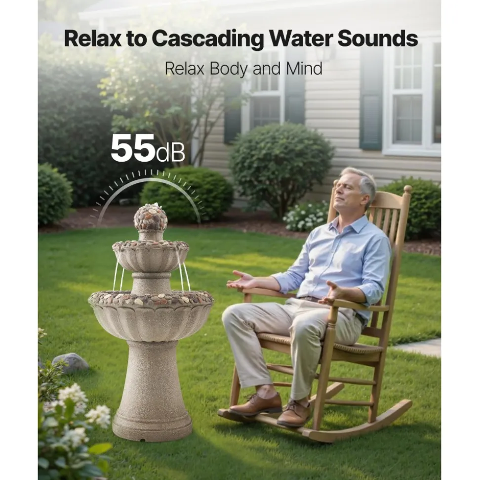 VEVOR Outdoor Water Fountain, 36.5 in Height Fountain and Waterfall, 2-Tier Floor Standing Rock Base Style Fiberglass and Resin Fountains with Pump, for Outdoor Indoor Garden, Home, Patio & Backyard