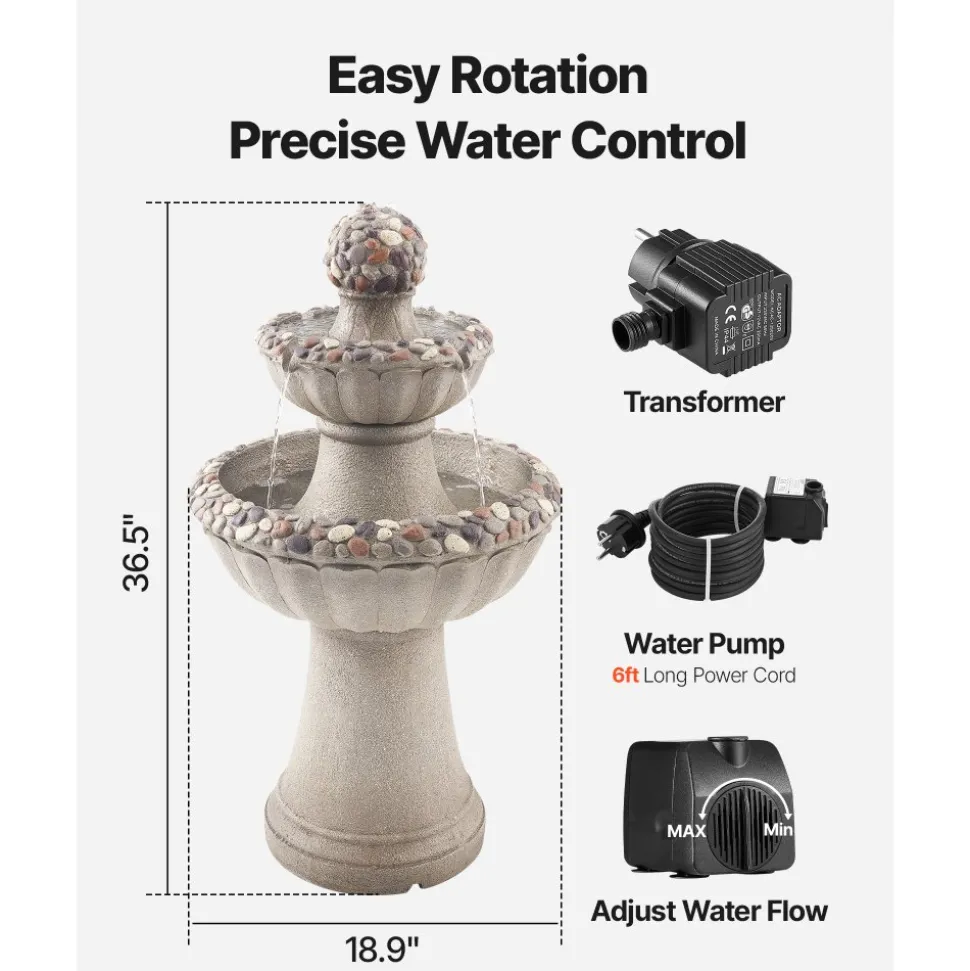 VEVOR Outdoor Water Fountain, 36.5 in Height Fountain and Waterfall, 2-Tier Floor Standing Rock Base Style Fiberglass and Resin Fountains with Pump, for Outdoor Indoor Garden, Home, Patio & Backyard
