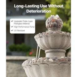 VEVOR Outdoor Water Fountain, 36.5 in Height Fountain and Waterfall, 2-Tier Floor Standing Rock Base Style Fiberglass and Resin Fountains with Pump, for Outdoor Indoor Garden, Home, Patio & Backyard