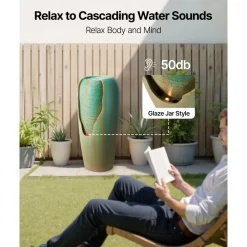 VEVOR Outdoor Water Fountain, 30.71 in Height Fountain and Waterfall, 1-Tier Floor Standing Glazed Jar Style Fountains with LED Light and Pump, for Outdoor Indoor Garden, Home, Patio & Yard (Green)