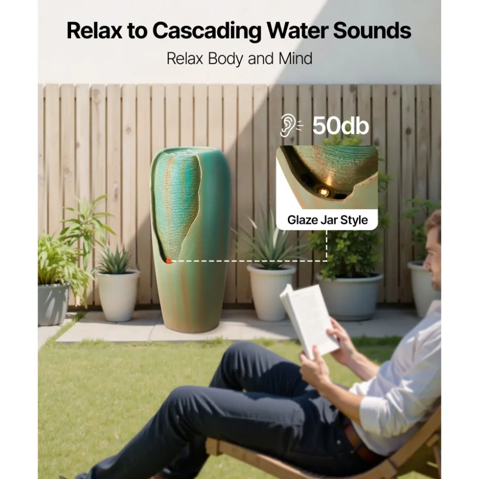 VEVOR Outdoor Water Fountain, 30.71 in Height Fountain and Waterfall, 1-Tier Floor Standing Glazed Jar Style Fountains with LED Light and Pump, for Outdoor Indoor Garden, Home, Patio & Yard (Green)