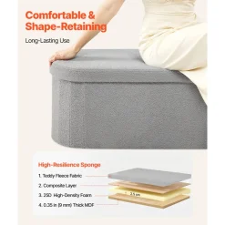 VEVOR Oval Storage Ottoman Bench, Foldable Teddy Fleece End of Bed Bench, Folding Upholstered Bed Ottoman Chest with Large Storage Space, Supports 660 lbs, for Living Room, Bedroom, Entryway, Grey