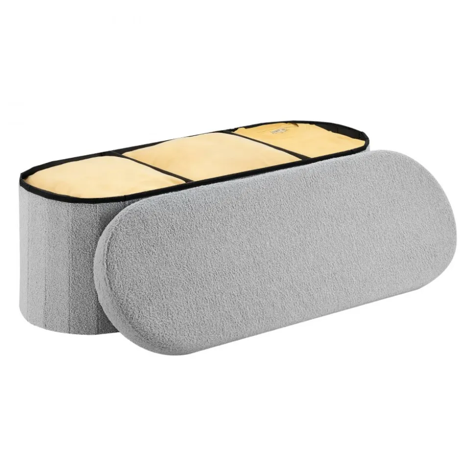 VEVOR Oval Storage Ottoman Bench, Foldable Teddy Fleece End of Bed Bench, Folding Upholstered Bed Ottoman Chest with Large Storage Space, Supports 660 lbs, for Living Room, Bedroom, Entryway, Grey