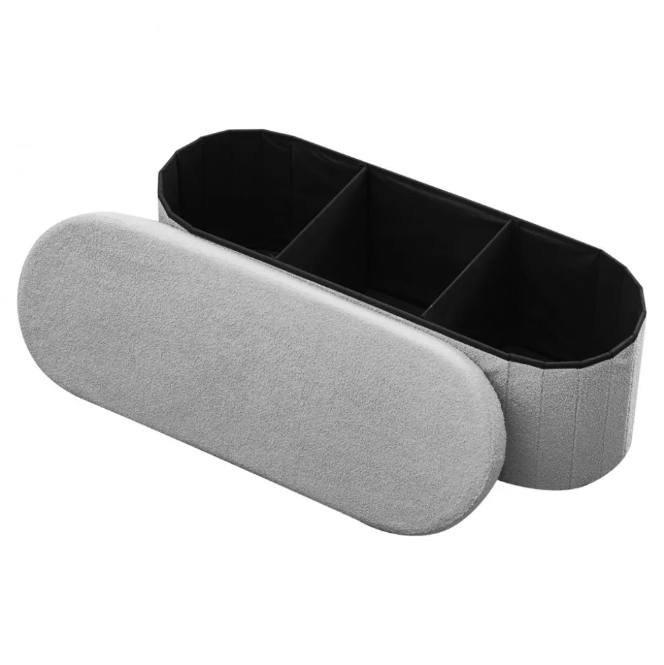 VEVOR Oval Storage Ottoman Bench, Foldable Teddy Fleece End of Bed Bench, Folding Upholstered Bed Ottoman Chest with Large Storage Space, Supports 660 lbs, for Living Room, Bedroom, Entryway, Grey