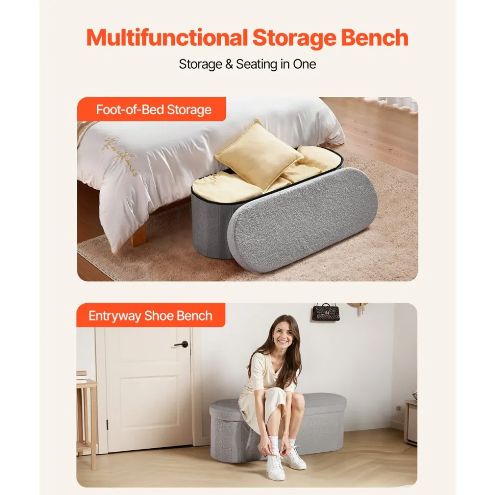 VEVOR Oval Storage Ottoman Bench, Foldable Teddy Fleece End of Bed Bench, Folding Upholstered Bed Ottoman Chest with Large Storage Space, Supports 660 lbs, for Living Room, Bedroom, Entryway, Grey