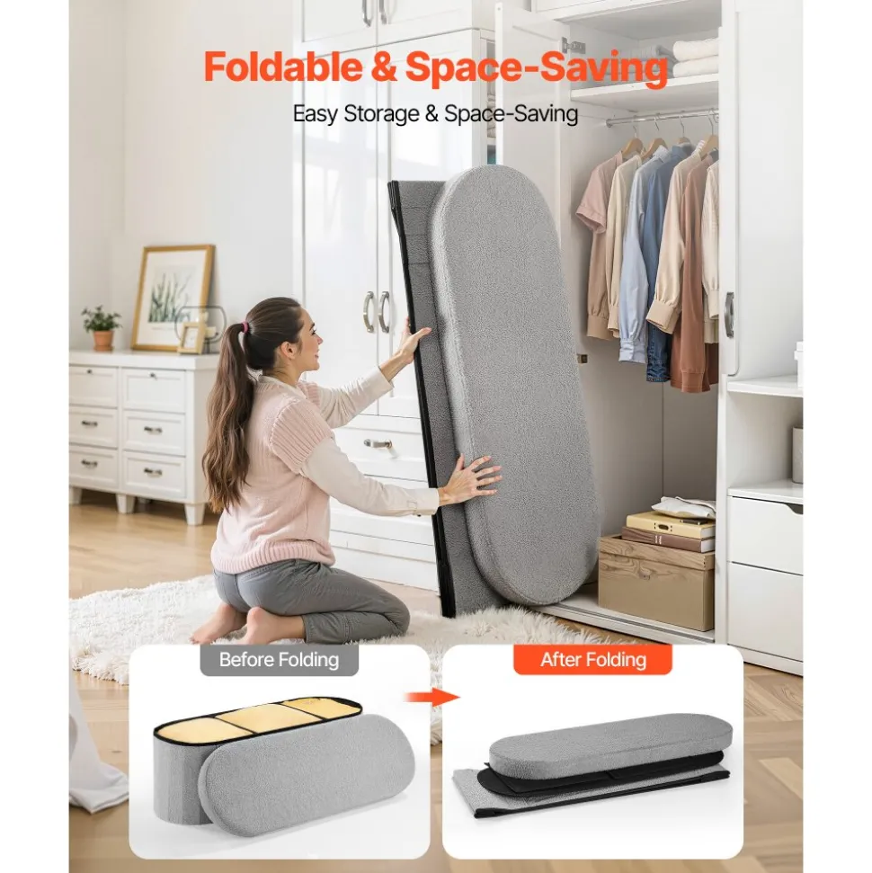 VEVOR Oval Storage Ottoman Bench, Foldable Teddy Fleece End of Bed Bench, Folding Upholstered Bed Ottoman Chest with Large Storage Space, Supports 660 lbs, for Living Room, Bedroom, Entryway, Grey