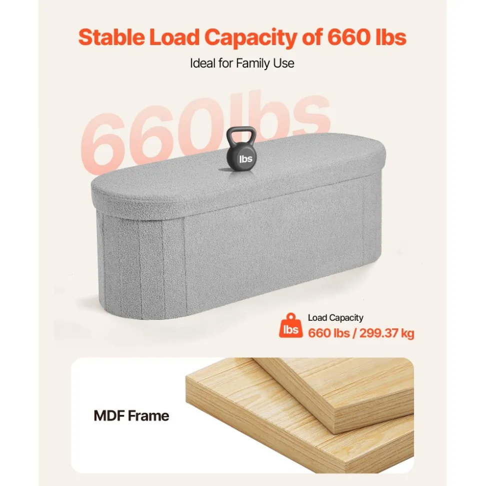 VEVOR Oval Storage Ottoman Bench, Foldable Teddy Fleece End of Bed Bench, Folding Upholstered Bed Ottoman Chest with Large Storage Space, Supports 660 lbs, for Living Room, Bedroom, Entryway, Grey