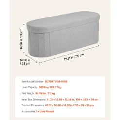 VEVOR Oval Storage Ottoman Bench, Foldable Teddy Fleece End of Bed Bench, Folding Upholstered Bed Ottoman Chest with Large Storage Space, Supports 660 lbs, for Living Room, Bedroom, Entryway, Grey