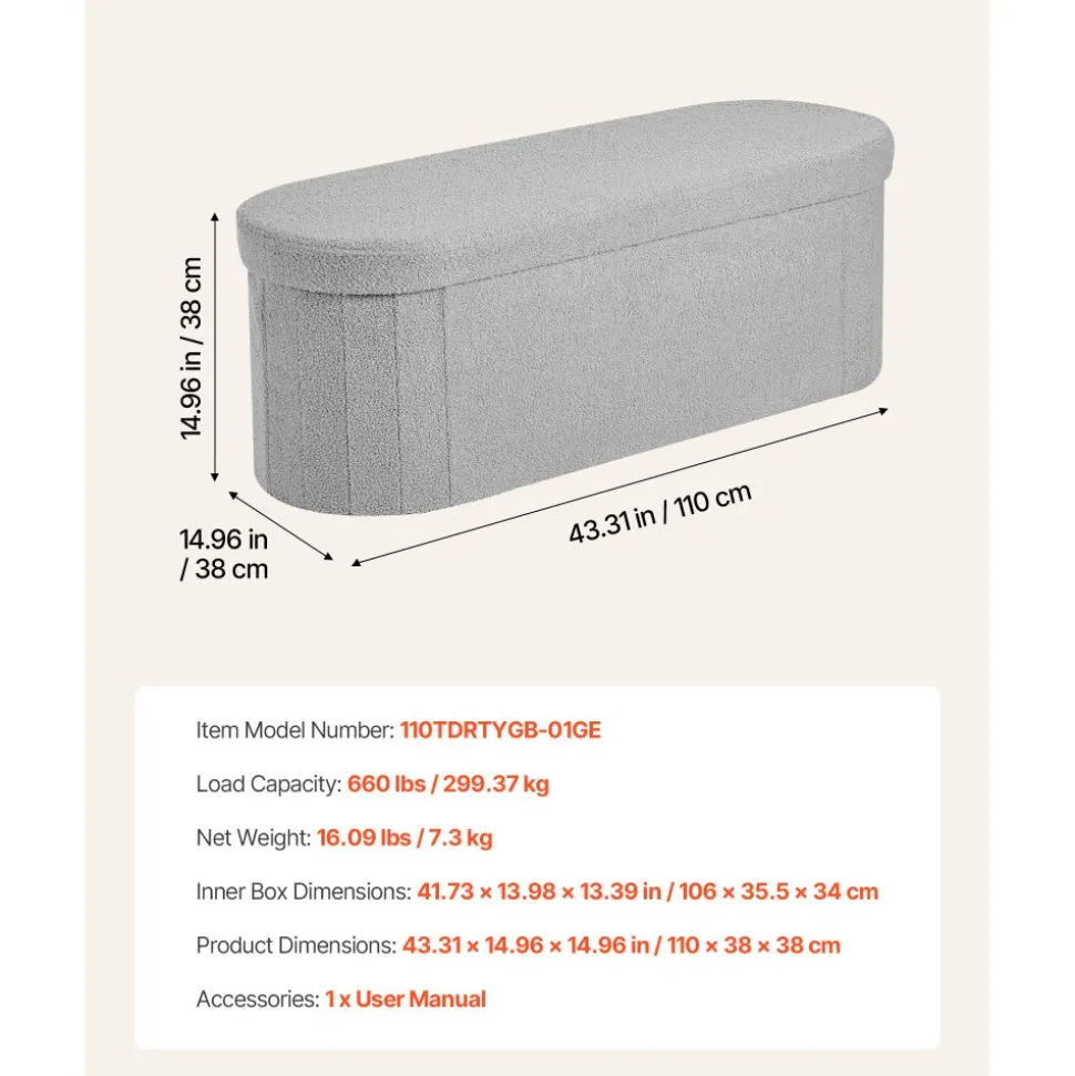 VEVOR Oval Storage Ottoman Bench, Foldable Teddy Fleece End of Bed Bench, Folding Upholstered Bed Ottoman Chest with Large Storage Space, Supports 660 lbs, for Living Room, Bedroom, Entryway, Grey
