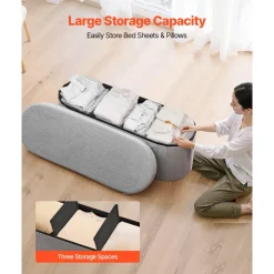 VEVOR Oval Storage Ottoman Bench, Foldable Teddy Fleece End of Bed Bench, Folding Upholstered Bed Ottoman Chest with Large Storage Space, Supports 660 lbs, for Living Room, Bedroom, Entryway, Grey