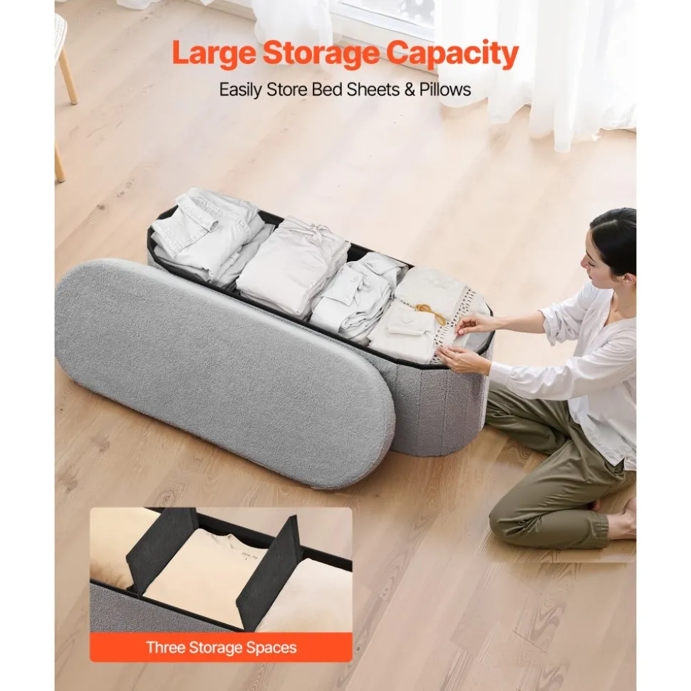 VEVOR Oval Storage Ottoman Bench, Foldable Teddy Fleece End of Bed Bench, Folding Upholstered Bed Ottoman Chest with Large Storage Space, Supports 660 lbs, for Living Room, Bedroom, Entryway, Grey
