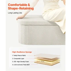 VEVOR Oval Storage Ottoman Bench, Foldable Teddy Fleece End of Bed Bench, Folding Upholstered Bed Ottoman Chest with Large Storage Space, Supports 660 lbs, for Living Room, Bedroom, Entryway, Beige