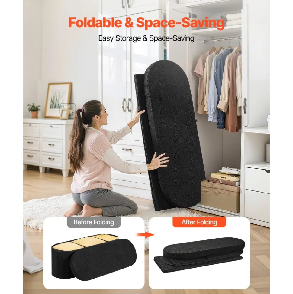 VEVOR Oval Storage Ottoman Bench, Foldable Teddy Fleece End of Bed Bench, Folding Upholstered Bed Ottoman Chest with Large Storage Space, Supports 660 lbs, for Living Room, Bedroom, Entryway, Black
