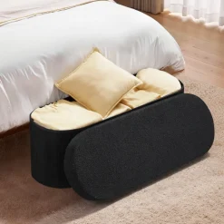 VEVOR Oval Storage Ottoman Bench, Foldable Teddy Fleece End of Bed Bench, Folding Upholstered Bed Ottoman Chest with Large Storage Space, Supports 660 lbs, for Living Room, Bedroom, Entryway, Black