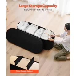 VEVOR Oval Storage Ottoman Bench, Foldable Teddy Fleece End of Bed Bench, Folding Upholstered Bed Ottoman Chest with Large Storage Space, Supports 660 lbs, for Living Room, Bedroom, Entryway, Black