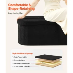 VEVOR Oval Storage Ottoman Bench, Foldable Teddy Fleece End of Bed Bench, Folding Upholstered Bed Ottoman Chest with Large Storage Space, Supports 660 lbs, for Living Room, Bedroom, Entryway, Black