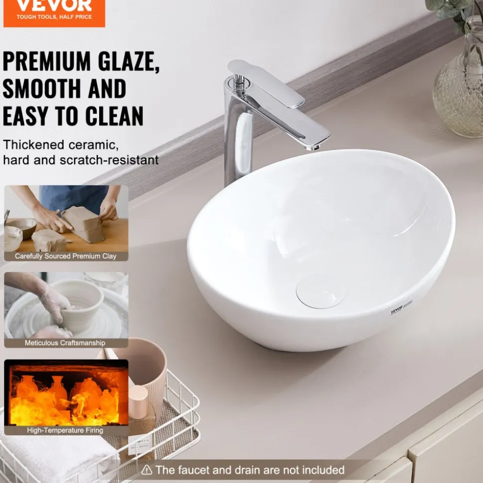 VEVOR Oval Vessel Sink, 16" x 13.4" Bathroom Vessel Sink Bowl Countertop, White Ceramic Bathroom Sinks Above Counter, Bowl Sink with Modern Style, Well-Packaged for Bathroom, Hotel, Toilet, RV
