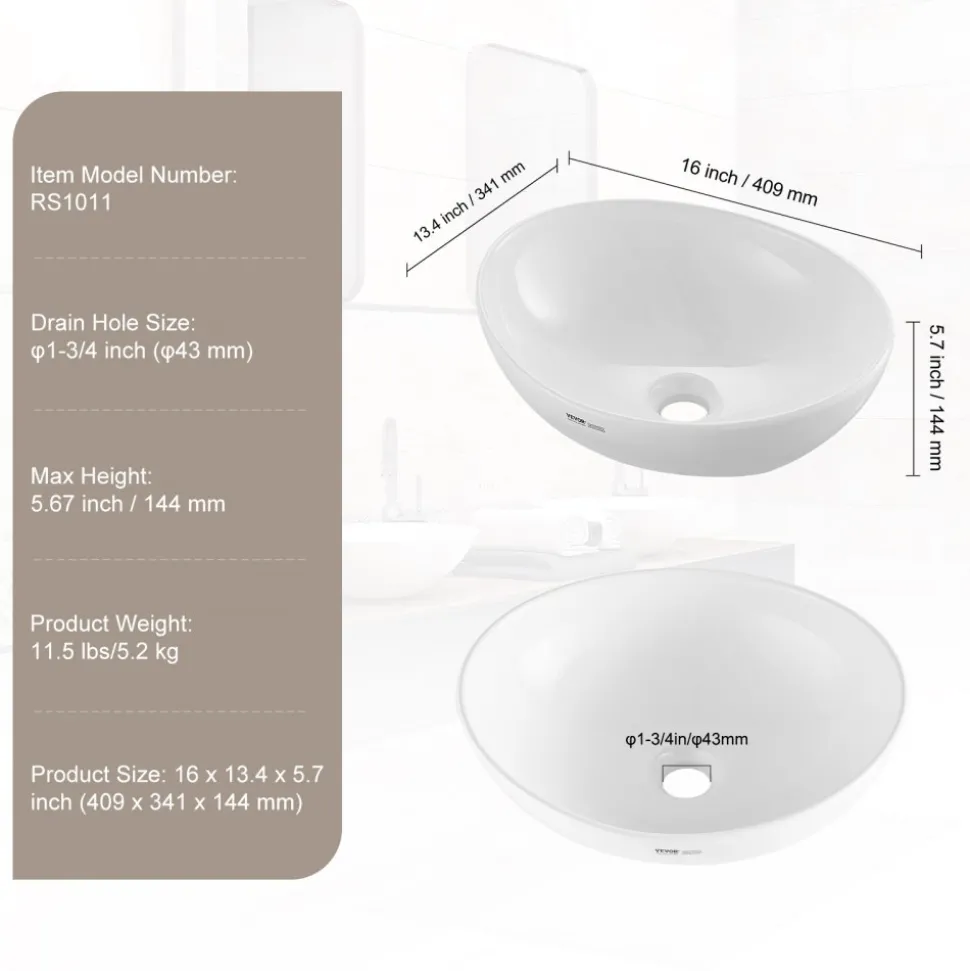 VEVOR Oval Vessel Sink, 16" x 13.4" Bathroom Vessel Sink Bowl Countertop, White Ceramic Bathroom Sinks Above Counter, Bowl Sink with Modern Style, Well-Packaged for Bathroom, Hotel, Toilet, RV