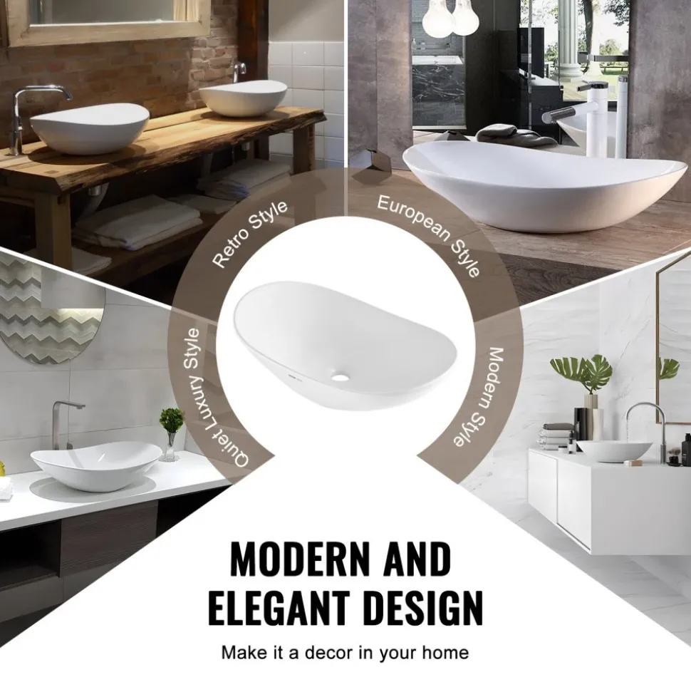 VEVOR Oval Vessel Sink, 23.3" x 14.2" Bathroom Vessel Sink Bowl Countertop, White Ceramic Bathroom Sinks Above Counter, Bowl Sink with Modern Style, Well-Packaged for Bathroom, Hotel, Toilet, RV