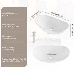 VEVOR Oval Vessel Sink, 23.3" x 14.2" Bathroom Vessel Sink Bowl Countertop, White Ceramic Bathroom Sinks Above Counter, Bowl Sink with Modern Style, Well-Packaged for Bathroom, Hotel, Toilet, RV