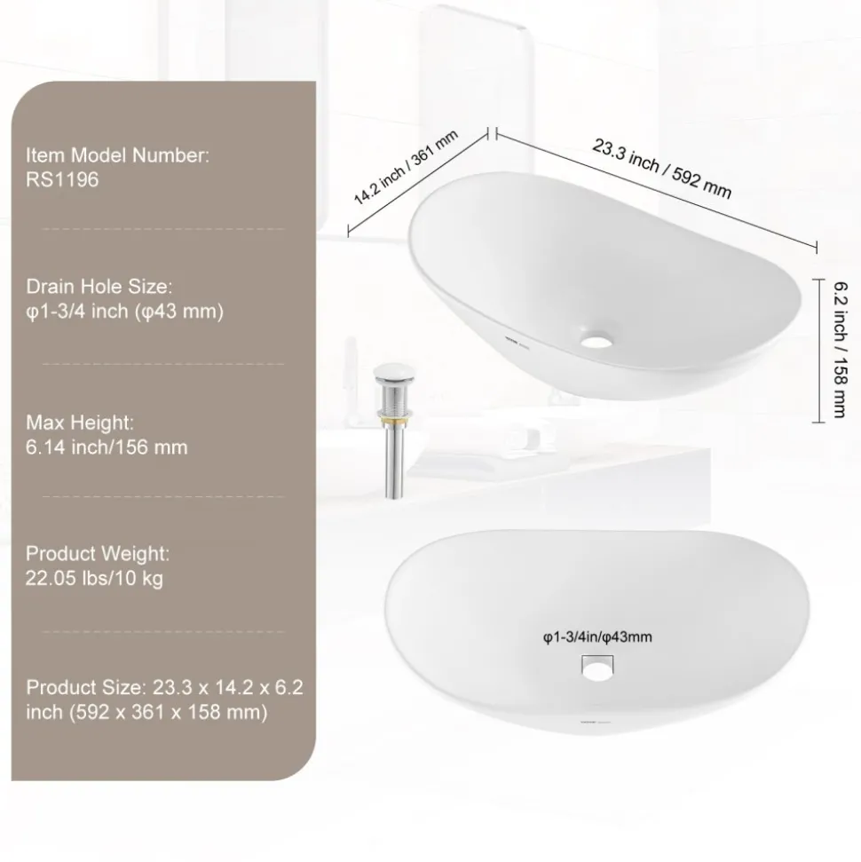 VEVOR Oval Vessel Sink, 23.3" x 14.2" Bathroom Vessel Sink Bowl Countertop, White Ceramic Bathroom Sinks Above Counter, Bowl Sink with Modern Style, Well-Packaged for Bathroom, Hotel, Toilet, RV
