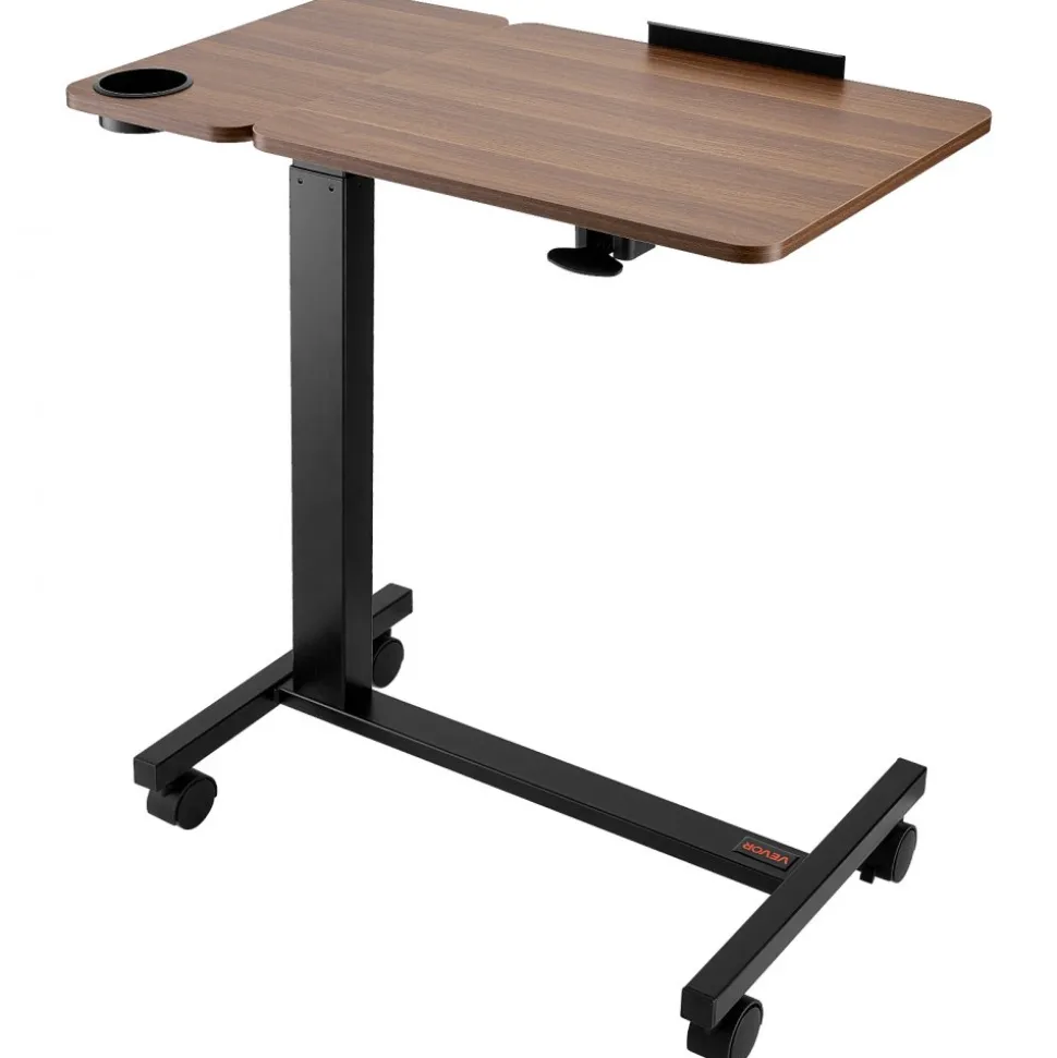VEVOR Overbed Table, Mobile Bed Side Table with Flip Desktop and 4 Wheels, Height & Angle Adjustable Rolling Laptop Desk with Cup Holder, Portable Over Bed Desk for Home, Office, Study, Wood + Black