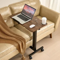 VEVOR Overbed Table, Mobile Bed Side Table with Flip Desktop and 4 Wheels, Height & Angle Adjustable Rolling Laptop Desk with Cup Holder, Portable Over Bed Desk for Home, Office, Study, Wood + Black
