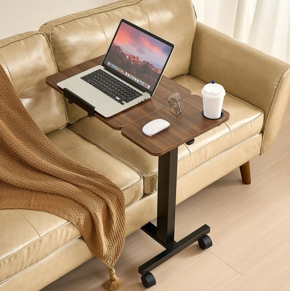 VEVOR Overbed Table, Mobile Bed Side Table with Flip Desktop and 4 Wheels, Height & Angle Adjustable Rolling Laptop Desk with Cup Holder, Portable Over Bed Desk for Home, Office, Study, Wood + Black