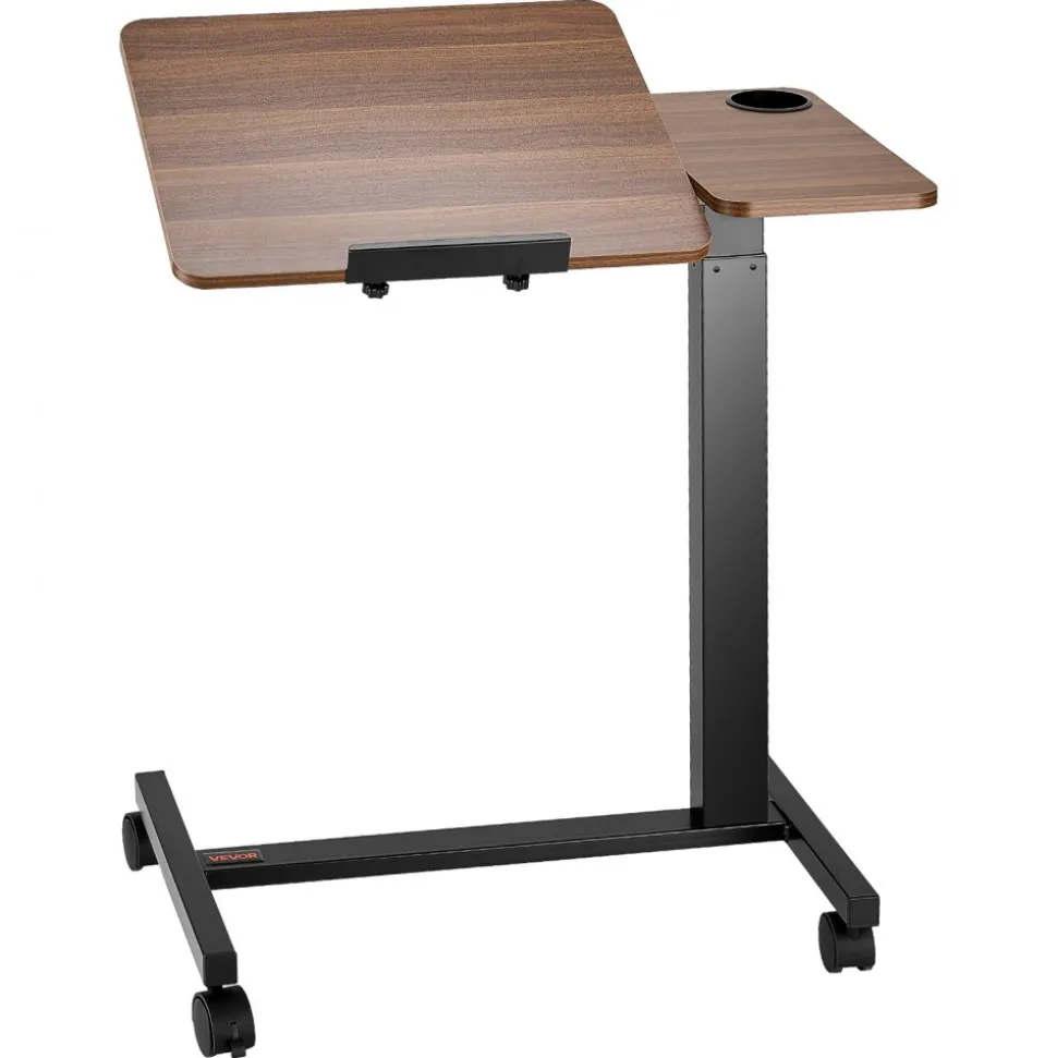 VEVOR Overbed Table, Mobile Bed Side Table with Flip Desktop and 4 Wheels, Height & Angle Adjustable Rolling Laptop Desk with Cup Holder, Portable Over Bed Desk for Home, Office, Study, Wood + Black