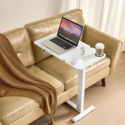 VEVOR Overbed Table, Mobile Bed Side Table with 4 Wheels, Electric Lifting with Upgrade Button, Rolling Laptop Desk with Cup Holder, Height Adjustable Overbed Desk for Home, Office, Study, Wood+Black