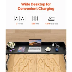 VEVOR Overbed Table, Mobile Bed Side Table with 4 Wheels (2 with Brakes) and Power Socket, Height Adjustable Rolling Laptop Desk, Portable Particleboard Over Bed Desk for Home, Office, Study, Black