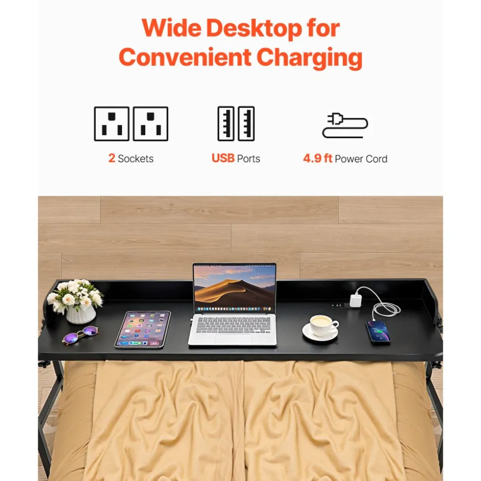 VEVOR Overbed Table, Mobile Bed Side Table with 4 Wheels (2 with Brakes) and Power Socket, Height Adjustable Rolling Laptop Desk, Portable Particleboard Over Bed Desk for Home, Office, Study, Black