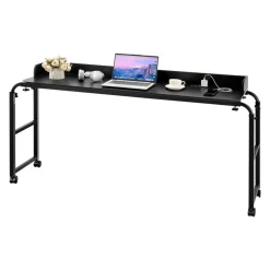 VEVOR Overbed Table, Mobile Bed Side Table with 4 Wheels (2 with Brakes) and Power Socket, Height Adjustable Rolling Laptop Desk, Portable Particleboard Over Bed Desk for Home, Office, Study, Black