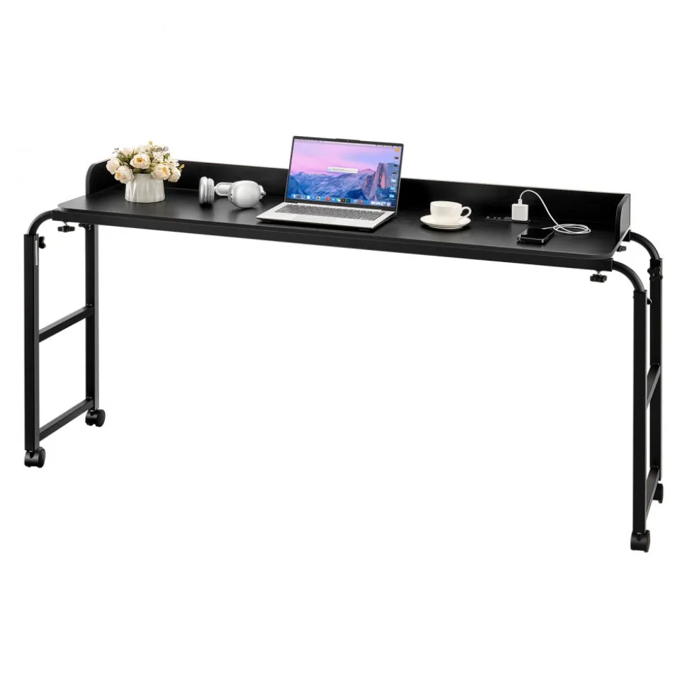 VEVOR Overbed Table, Mobile Bed Side Table with 4 Wheels (2 with Brakes) and Power Socket, Height Adjustable Rolling Laptop Desk, Portable Particleboard Over Bed Desk for Home, Office, Study, Black