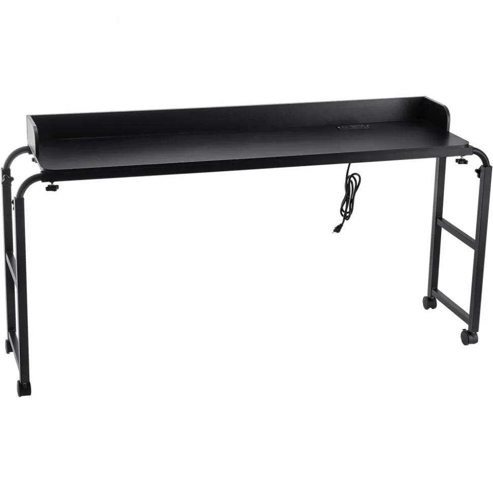VEVOR Overbed Table, Mobile Bed Side Table with 4 Wheels (2 with Brakes) and Power Socket, Height Adjustable Rolling Laptop Desk, Portable Particleboard Over Bed Desk for Home, Office, Study, Black