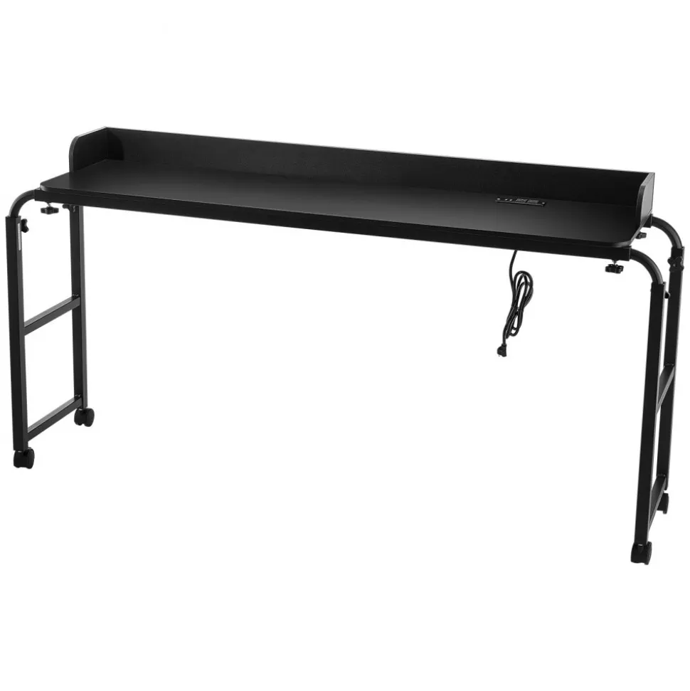 VEVOR Overbed Table, Mobile Bed Side Table with 4 Wheels (2 with Brakes) and Power Socket, Height Adjustable Rolling Laptop Desk, Portable Particleboard Over Bed Desk for Home, Office, Study, Black