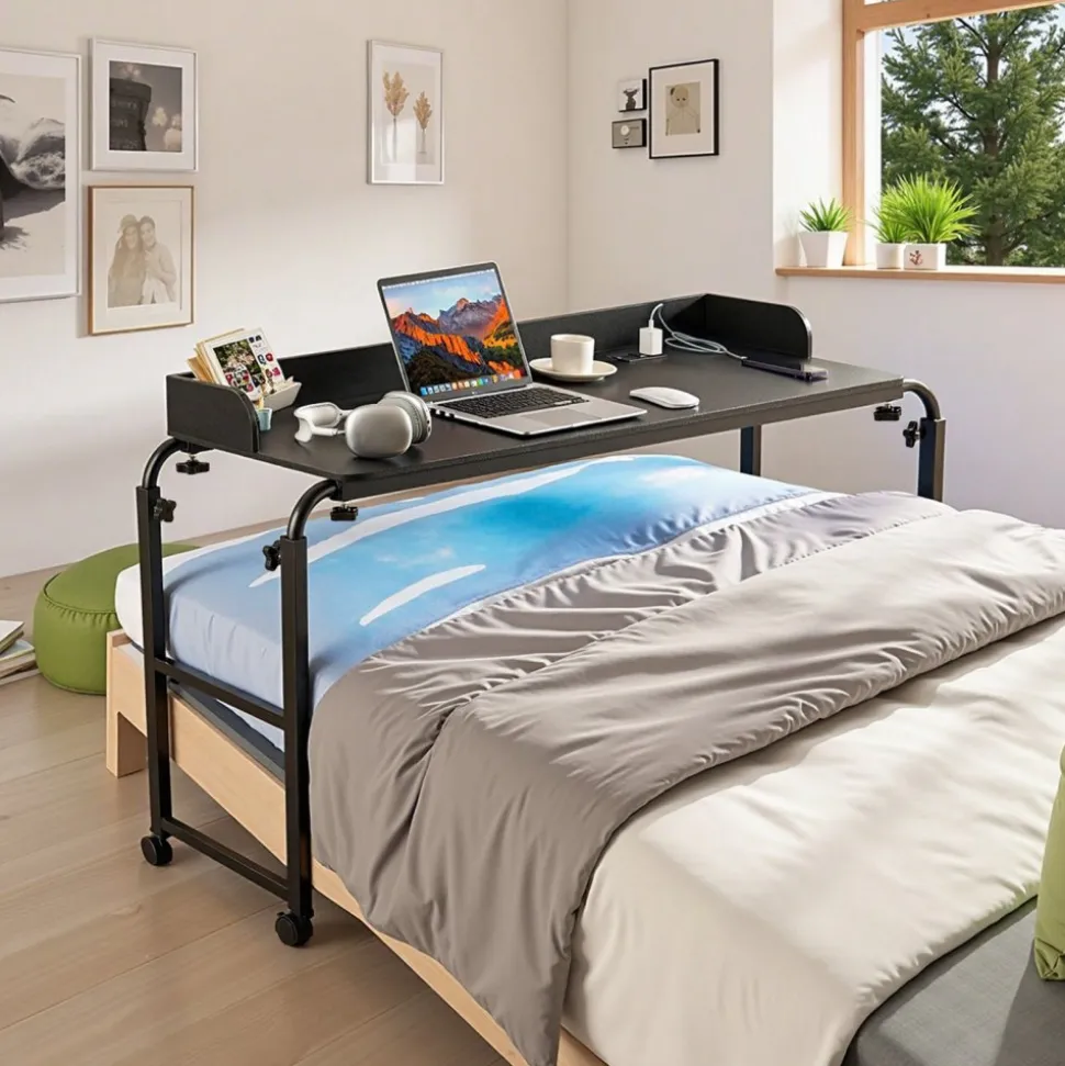 VEVOR Overbed Table, Mobile Bed Side Table with 4 Wheels (2 with Brakes) and Power Socket, Height Adjustable Rolling Laptop Desk, Portable Particleboard Over Bed Desk for Home, Office, Study, Black