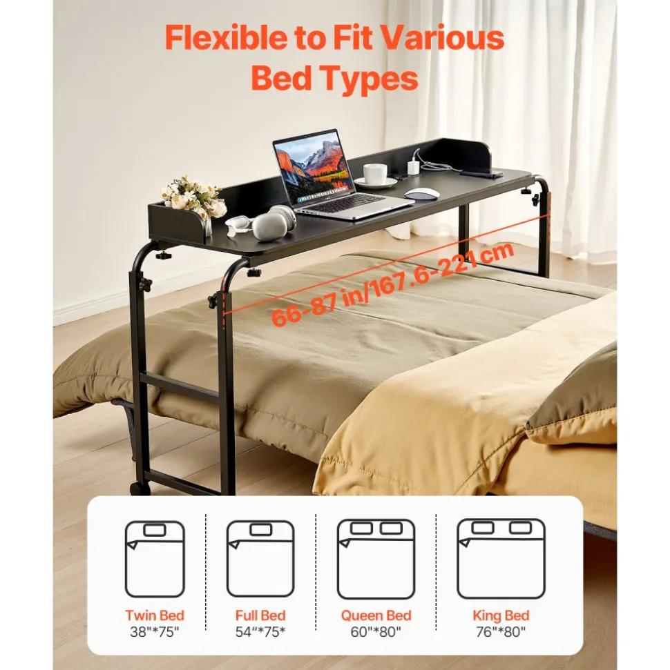 VEVOR Overbed Table, Mobile Bed Side Table with 4 Wheels (2 with Brakes) and Power Socket, Height Adjustable Rolling Laptop Desk, Portable Particleboard Over Bed Desk for Home, Office, Study, Black