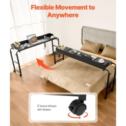 VEVOR Overbed Table, Mobile Bed Side Table with 4 Wheels (2 with Brakes) and Power Socket, Height Adjustable Rolling Laptop Desk, Portable Particleboard Over Bed Desk for Home, Office, Study, Black
