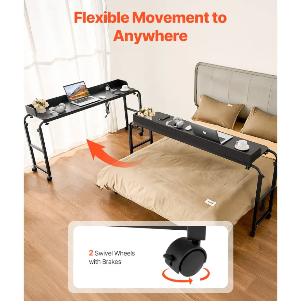 VEVOR Overbed Table, Mobile Bed Side Table with 4 Wheels (2 with Brakes) and Power Socket, Height Adjustable Rolling Laptop Desk, Portable Particleboard Over Bed Desk for Home, Office, Study, Black