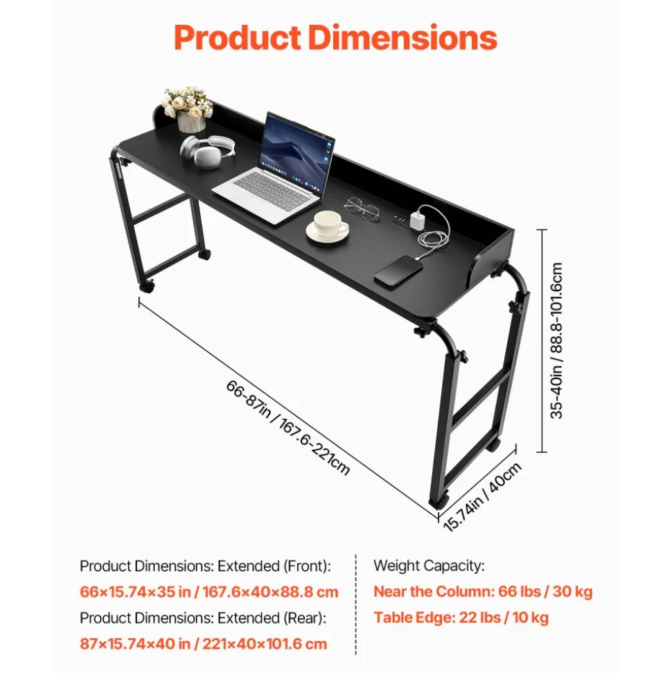 VEVOR Overbed Table, Mobile Bed Side Table with 4 Wheels (2 with Brakes) and Power Socket, Height Adjustable Rolling Laptop Desk, Portable Particleboard Over Bed Desk for Home, Office, Study, Black