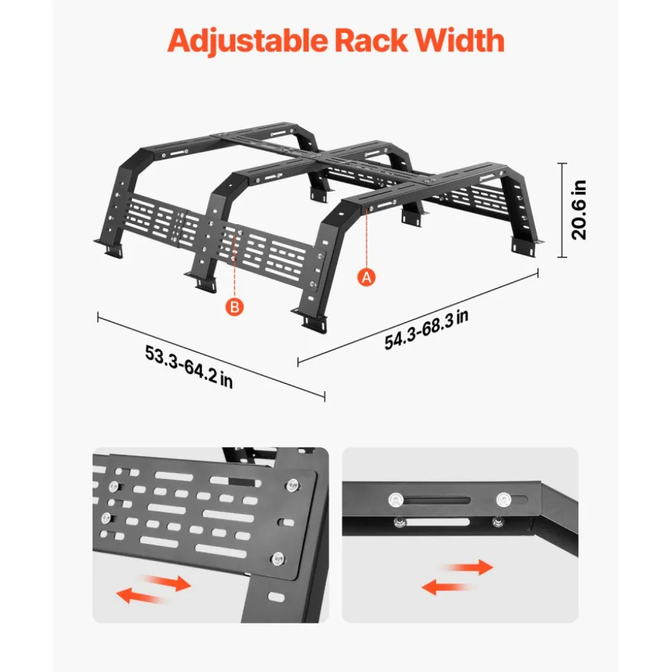 VEVOR Overland Truck Bed Rack, 54.3-68.3 in Width, Adjustable Overland Bed Cargo Rack with Sidebar and 900 lbs Static Load Capacity, Heavy Duty Steel, Compatible with Full Size and Mid-Size Trucks