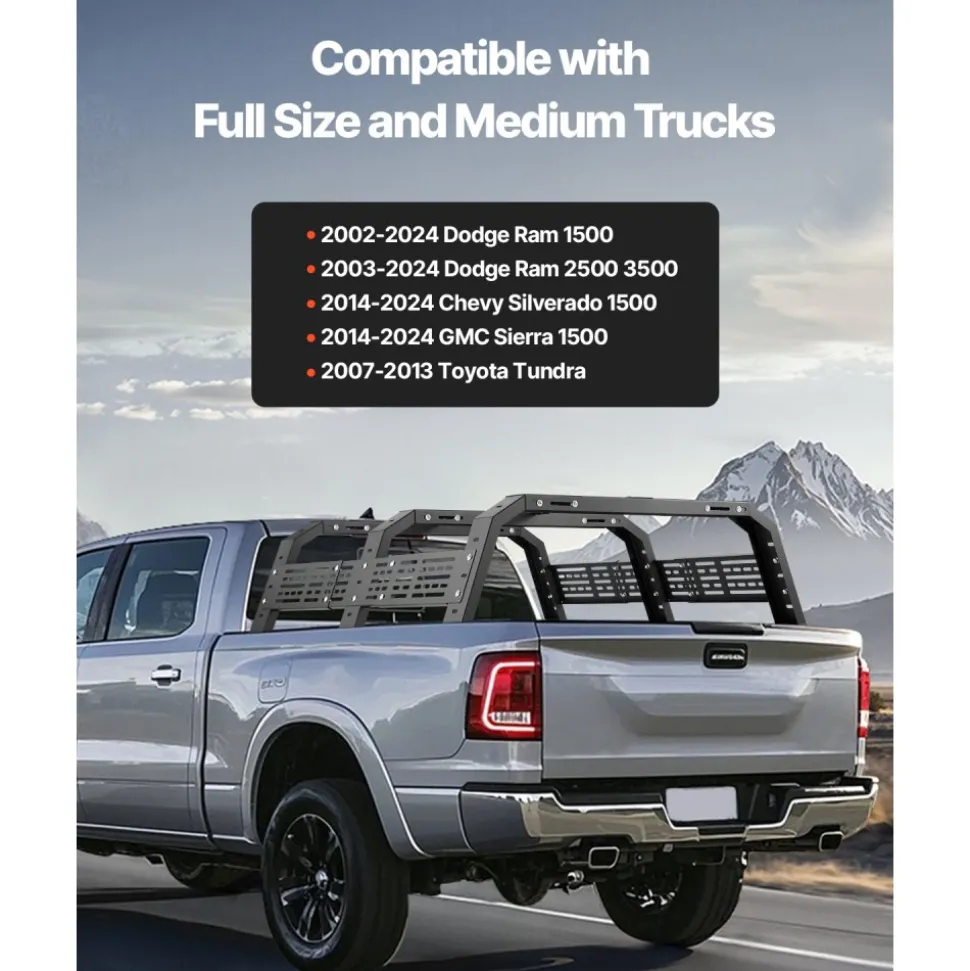 VEVOR Overland Truck Bed Rack, 54.3-68.3 in Width, Adjustable Overland Bed Cargo Rack with Sidebar and 900 lbs Static Load Capacity, Heavy Duty Steel, Compatible with Full Size and Mid-Size Trucks