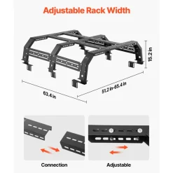 VEVOR Overland Truck Bed Rack, 51.2-65.4 in Width, Adjustable Overland Bed Cargo Rack with Sidebar, 900 lbs Static Capacity, Compatible with Mid-Size Trucks Tacoma/Ranger/Gladiator JT/Colorado
