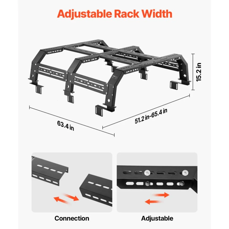 VEVOR Overland Truck Bed Rack, 51.2-65.4 in Width, Adjustable Overland Bed Cargo Rack with Sidebar, 900 lbs Static Capacity, Compatible with Mid-Size Trucks Tacoma/Ranger/Gladiator JT/Colorado