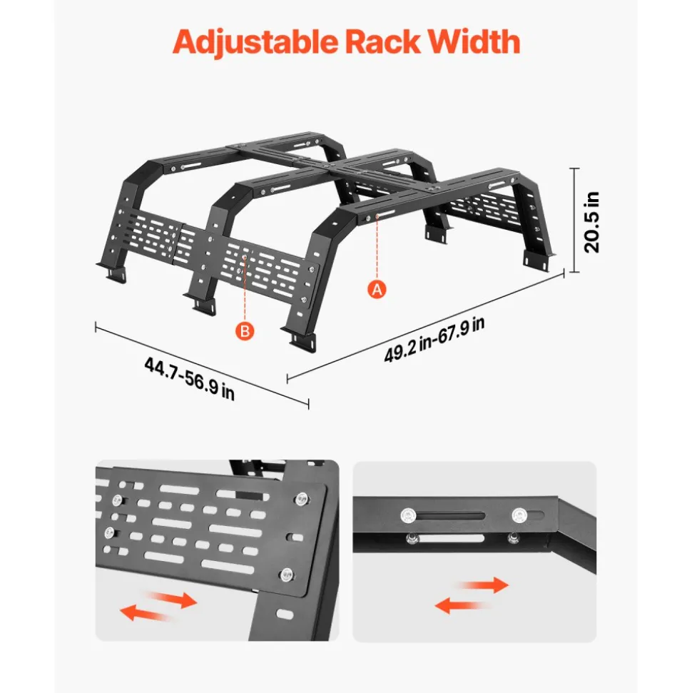 VEVOR Overland Truck Bed Rack, 49.2-67.9 in Width, Adjustable Overland Bed Cargo Rack with Sidebar, 900 lbs Static Capacity, Heavy Duty Steel, for Mid-Size Trucks, Compatible with Tacoma/Gladiator JT