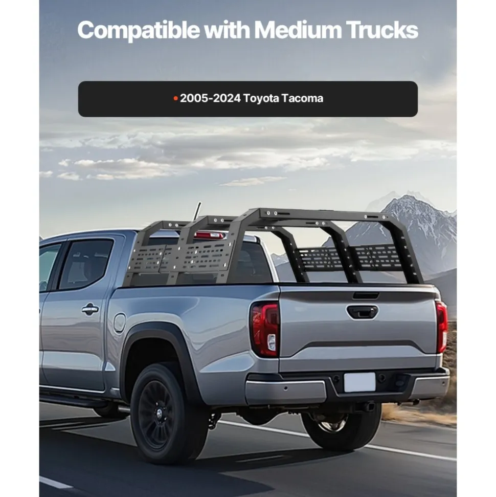 VEVOR Overland Truck Bed Rack, 49.2-67.9 in Width, Adjustable Overland Bed Cargo Rack with Sidebar, 900 lbs Static Capacity, Heavy Duty Steel, for Mid-Size Trucks, Compatible with Tacoma/Gladiator JT
