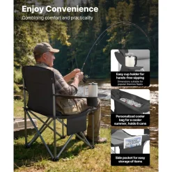 VEVOR Oversized Camping Chairs, 450 lbs Heavy Duty Support, Portable Folding Camp Chairs with Padded Backrest & Armrests, Cup Holder & Side Pocket, Cooler Bag, Carry Bags for Outdoor, Fishing, 2 Pack